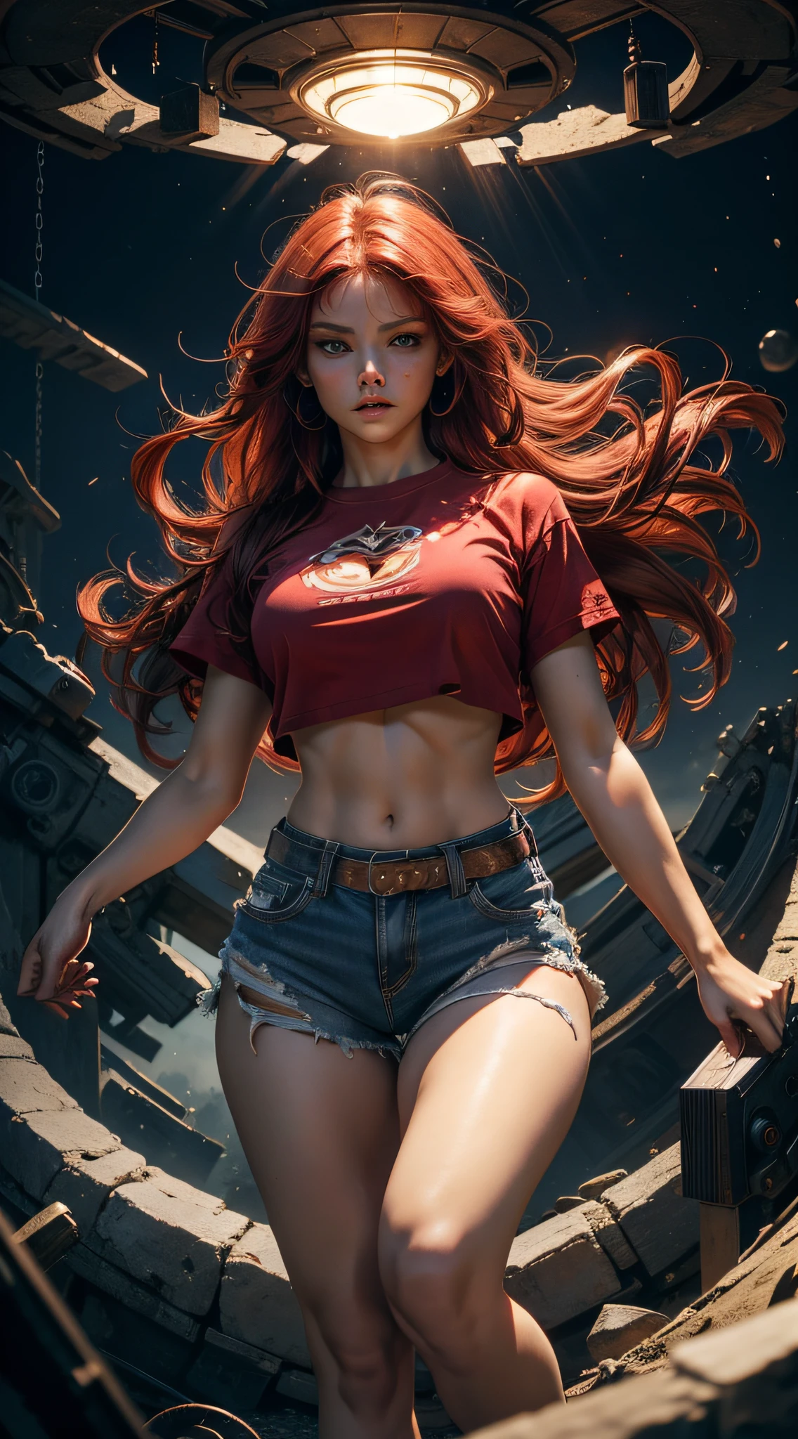 ((Best Quality)), ((Masterpiece)), (Detailed: 1.4), 8k, 1girl, blue eyes, red hair, very long hair, silky hair, big chest, slim waist, big body, defined body, thick thigh, well defined thigh. Wearing ripped micro shorts, babylook t-shirt. A concentration pose looking seriously at the viewer, low angle, view from the ground. Emitting a huge aura enveloping the entire body, a whirlpool of immense power enveloping the entire body, ki charge, intricate white aura with red aura.