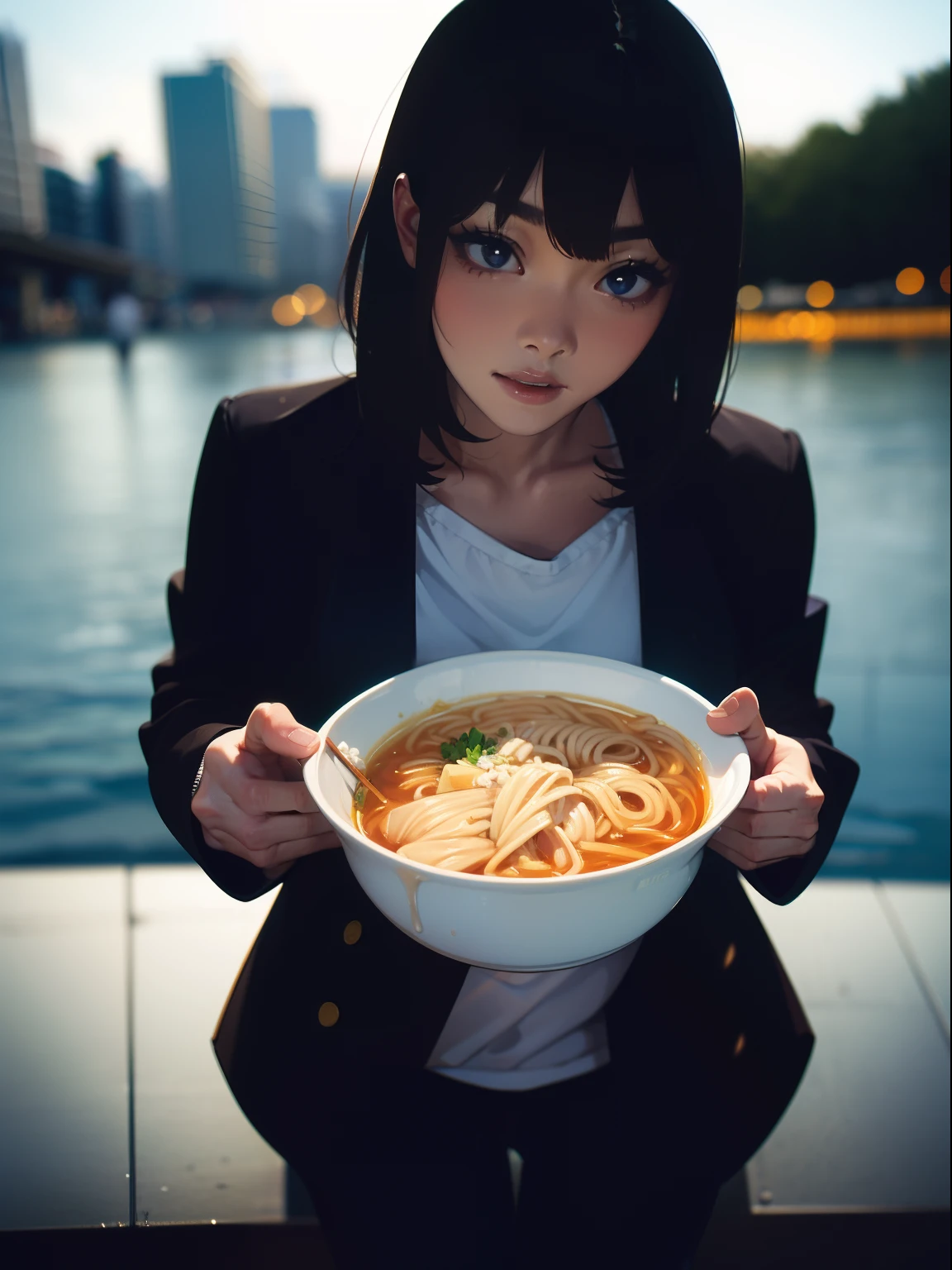 ((((eat noodle by the lakeside)))),((Best Quality, masutepiece :1.3)),hight resolution,ultra-detailliert,Official art,Beauty and aesthetics,​masterpiece,best qualtiy,ighly detailed,(1 Japanese woman),Black hair, long eyeslashes, Solid Circle Eyes, ssmile, drop shadow, Atmospheric perspective,Super Detail, ccurate, Best Quality, small brest,(Black jacket:1.1),top-quality, 8K, nffsw, Hi-Res, absurderes:1.2, blurry backround, bokeh dof:1.2, a picture, (Raw photography:1.2), (Photorealsitic:1.4), (​masterpiece:1.3), (intricate detailes:1.2), Atmospheric perspective,Super Detail, ccurate, Best Quality,