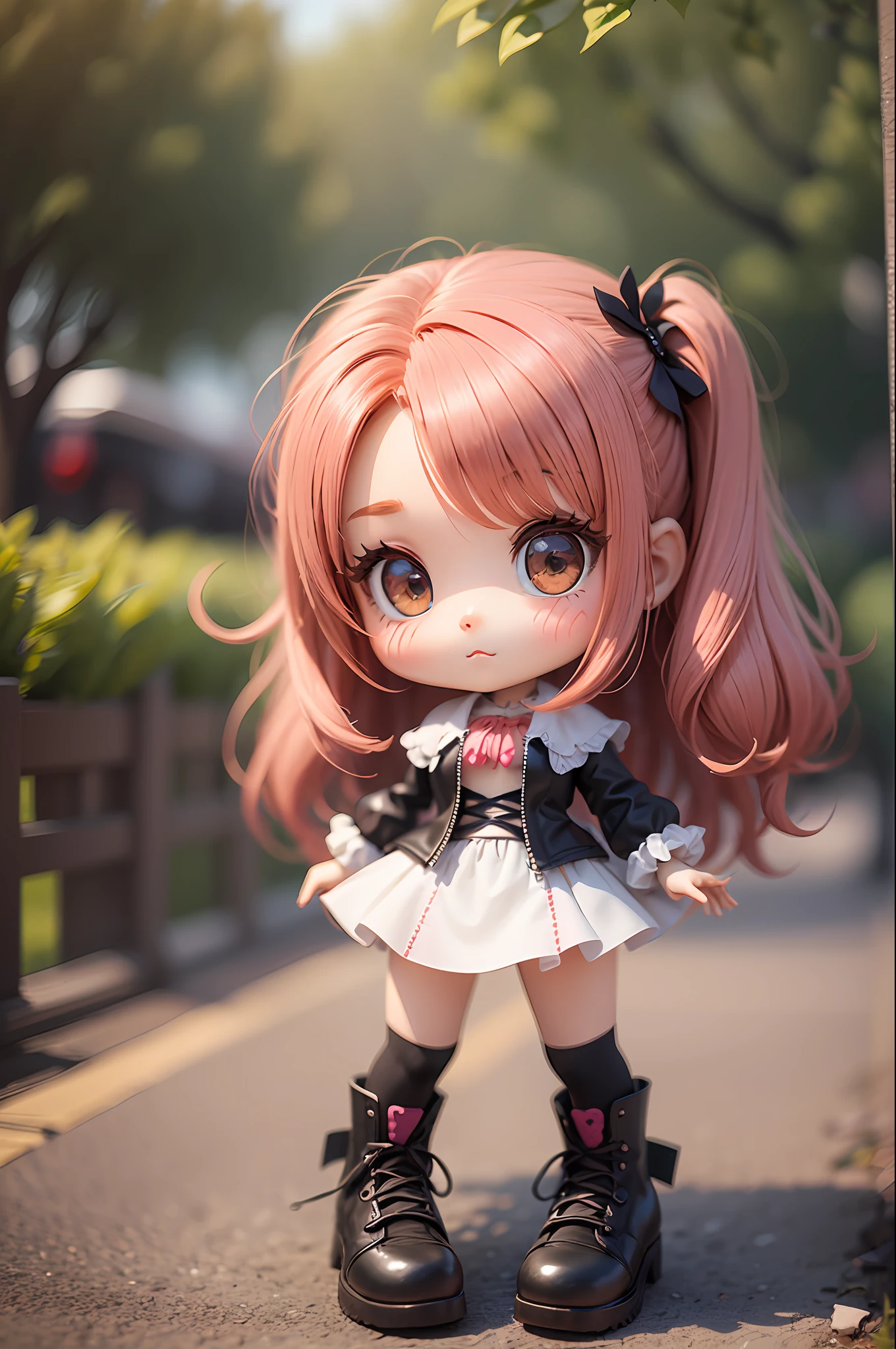 A close up of a doll with pink hair and black shoes - SeaArt AI