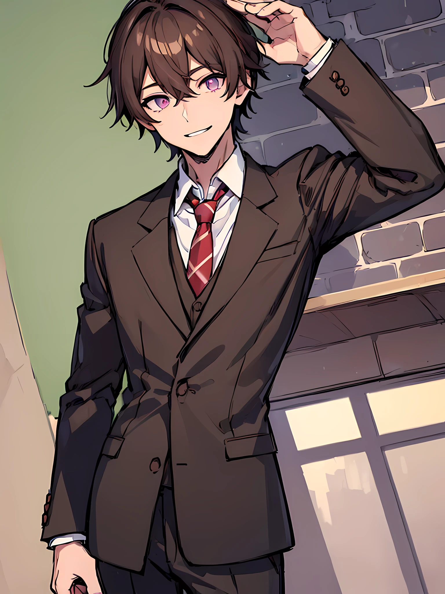 virtual_youtuber, 1boy, male_focus, solo, brown_hair, spruce_necktie, purple_eyes, simple_background, brown_footwear, formal, spruce_jacket, spruce_suit, upper_body, straight-on, looking_at_viewer, pants, smile, white shirt, collared shirt, hair_between_eyes, (VERY DETAILED EYES:1.5)