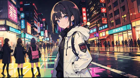 teens girl，wind coat，校服，black long straight hair，Put your hands in your pockets，Back shadow，Turn Back，black over-the-knee socks，Carrying a guitar bag，beautifullegs，White skin，Slim，Detailed background，Slanted perspective，the street，Stand at the zebra crossi...