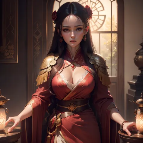 ((masterpiece))), (((top quality))), ((highly detailed)), (hyperrealistic), (highly detailed CG illustration), cinematic light, photorealistic, very beautiful young lady, light makeup, eaba detail which is complicated, the red robe, the spear, the Indonesi...