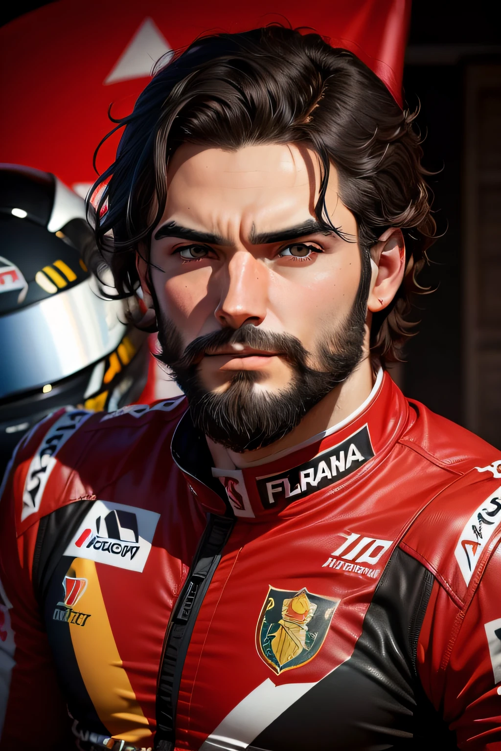 make the face of a man with latin characteristics, short wavy black hair and eyes, beard untrimmed and thin, serious look, wearing a red formula 1 suit.  thirty years old,  holds the helmet with the colors of the Colombian flag