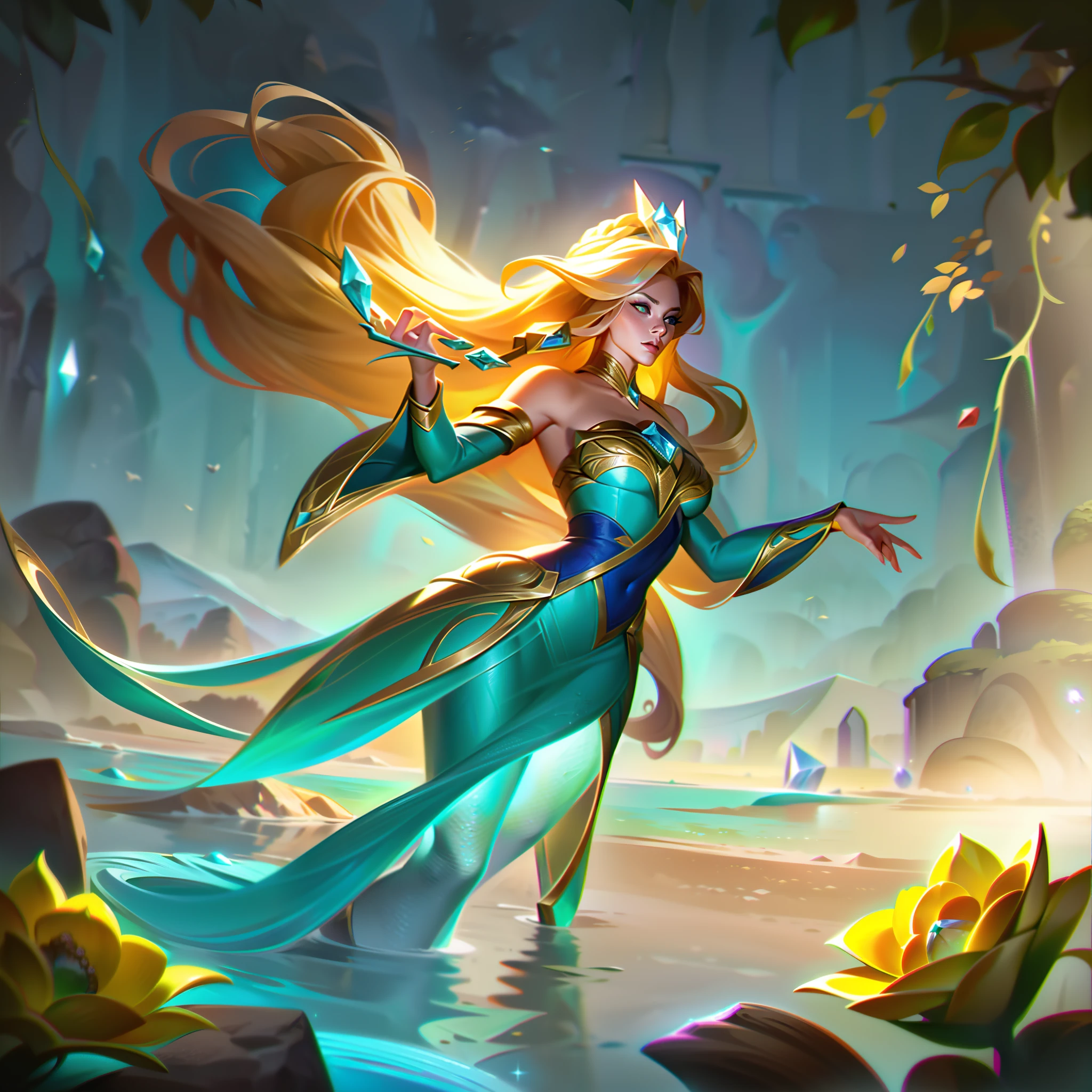 Нилах из League of Legends, but with a long, curly blonde hair, holding a whip with flowers in his hands, encrusted as follows::, that they look like this, as if they were shoots, She sits gracefully on a rock above a water-green crystal clear lake with pale yellow flowers, Her clothes are made in yellow pastel colors and colorful textures with a perfect and prestigious shade,  Splashart, Body lines, bright colours, exquisite details, Cinematic, Artstation, Detailed Face, Author: rossdraws, Keenan Lafferty