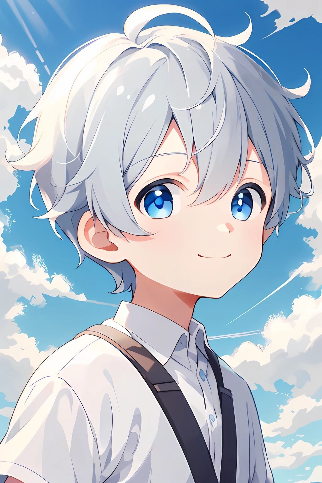 1男孩，独自的, 运动装，白发, 短而细致的头发, e蓝眼睛, 两眼之间的头发, 蓝天，多云，微笑，白色背景，干净的背景