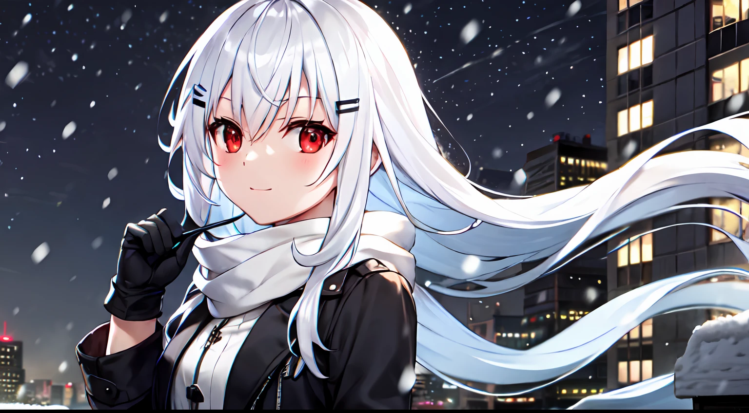 girls, white hair, jacket white and black, rooftop, facing the sky, night time, long hair, snowing, gloves