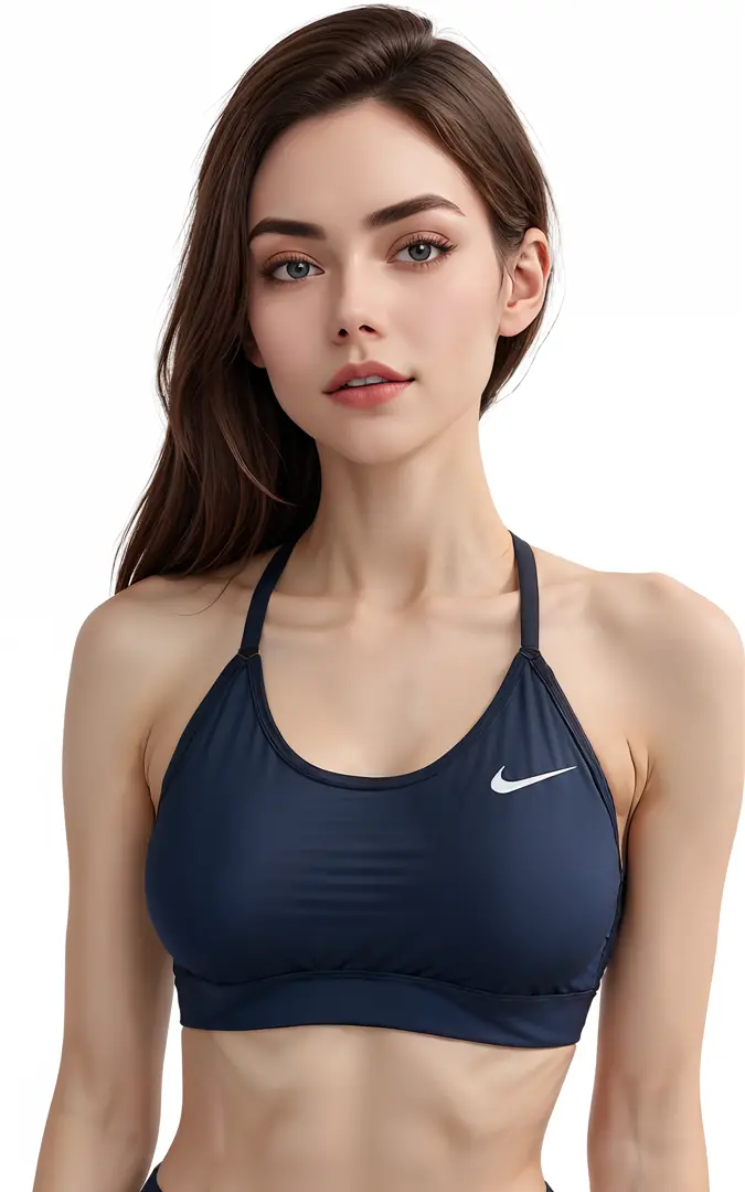 a woman in a sports bra with a pink and blue color block, Esporte bom,  sports bra, sport bra and dark blue shorts, detailed sports bra - SeaArt AI