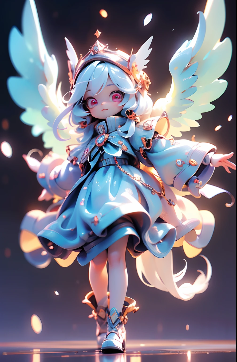 (Masterpiece: 1.4), (Best Quality: 1.4), (Chibi: 1.3), (Very Cute Angel Girl, Super Detailed Face, Jewel-like Eyes, White Very Long Hair, Colorful Gradient Hair: 1.4), (Angel Ring:
1.4), (Angel Wings: 1.4), (Full body, perfect 2 arms, perfect 2 legs: 1.4), Perfect 4 fingers: 1 thumb, light, shine, bokeh, super fine