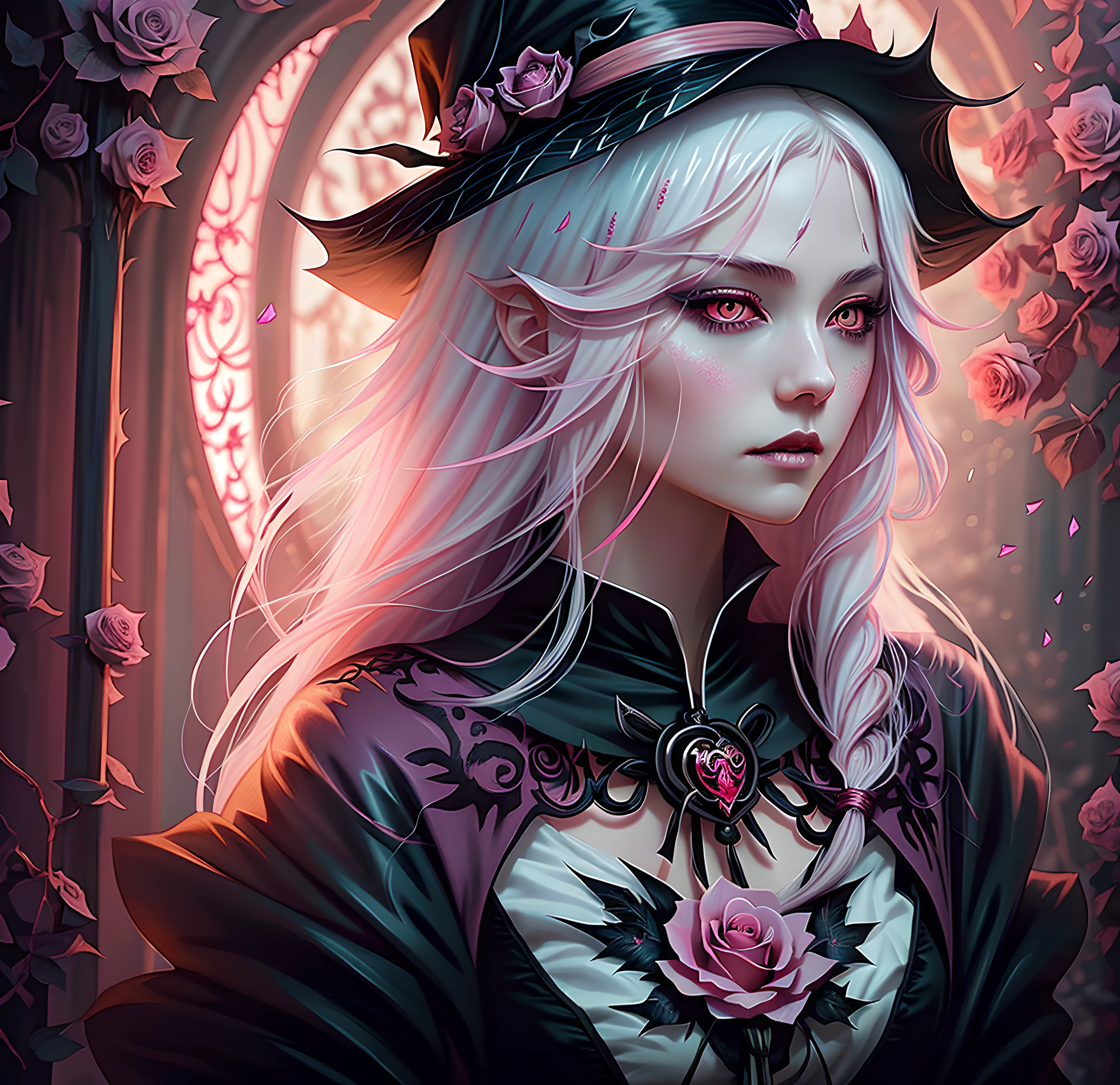 Anime Vampir Hexe Mädchen, langes weißes Haar, Gothic Style, Rosen im Haar,dunkelschwarze Wimpern ,leuchtend rosa Augen, digital Illustration, Comic-Stil, Gotik Renaissance, Zentriert, der Perfektion nahe, dynamisch, sehr detailliert, Aquarellmalerei, artstation, Konzeptkunst, Glatt, scharfer Fokus, Illustration, Kunst von Wlop und Ross Tran, rosa und rote tetradische Farben