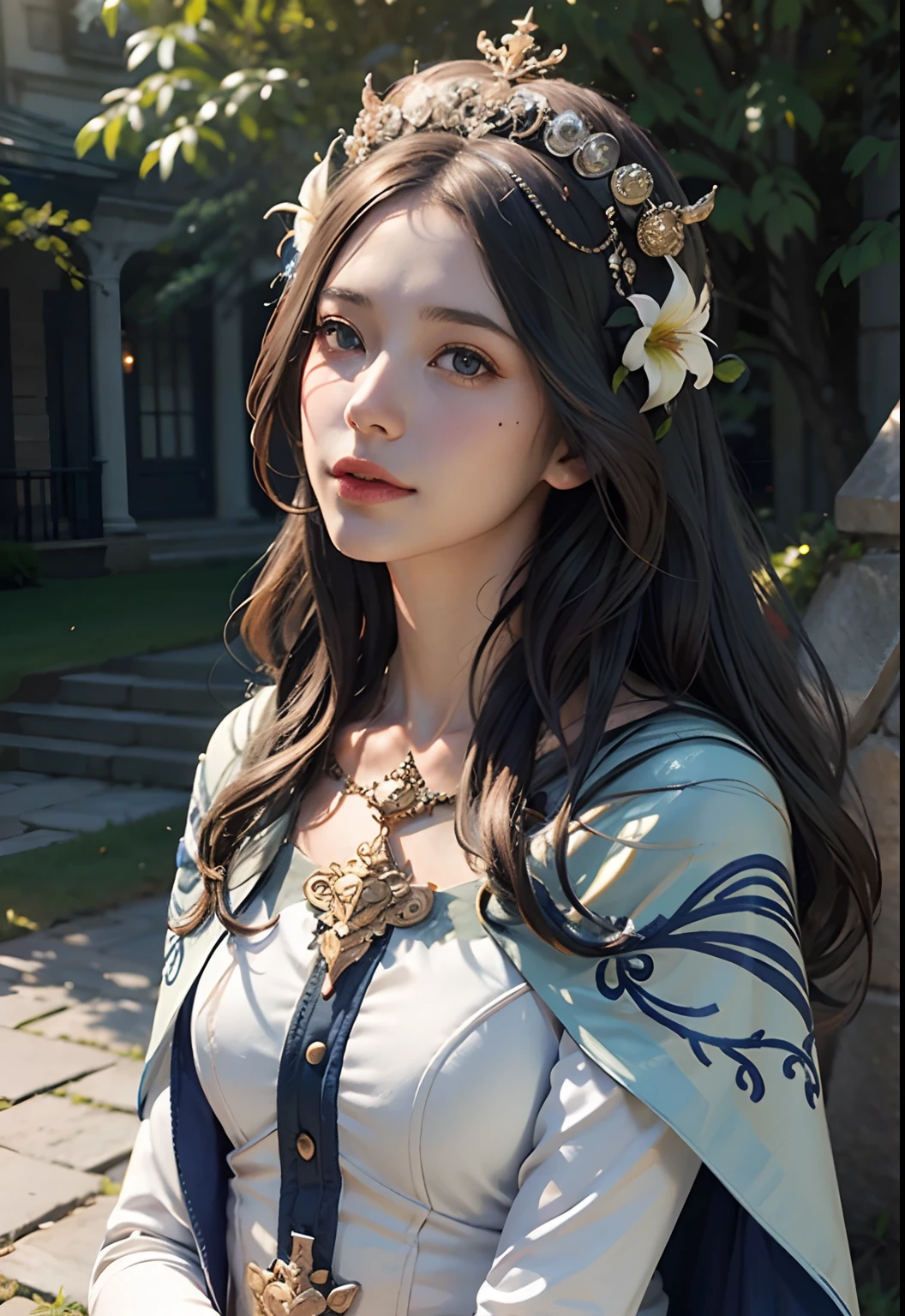 (realistic:1.1), (photorealistic:1.2), best quality, masterpiece, detailed background, detailed face, detailed skin texture, real shadows, realistic lighting, dramatic lighting, natural lighting,
BREAK
defRhea, headdress, hair flower, tiara, blue cape, long white dress