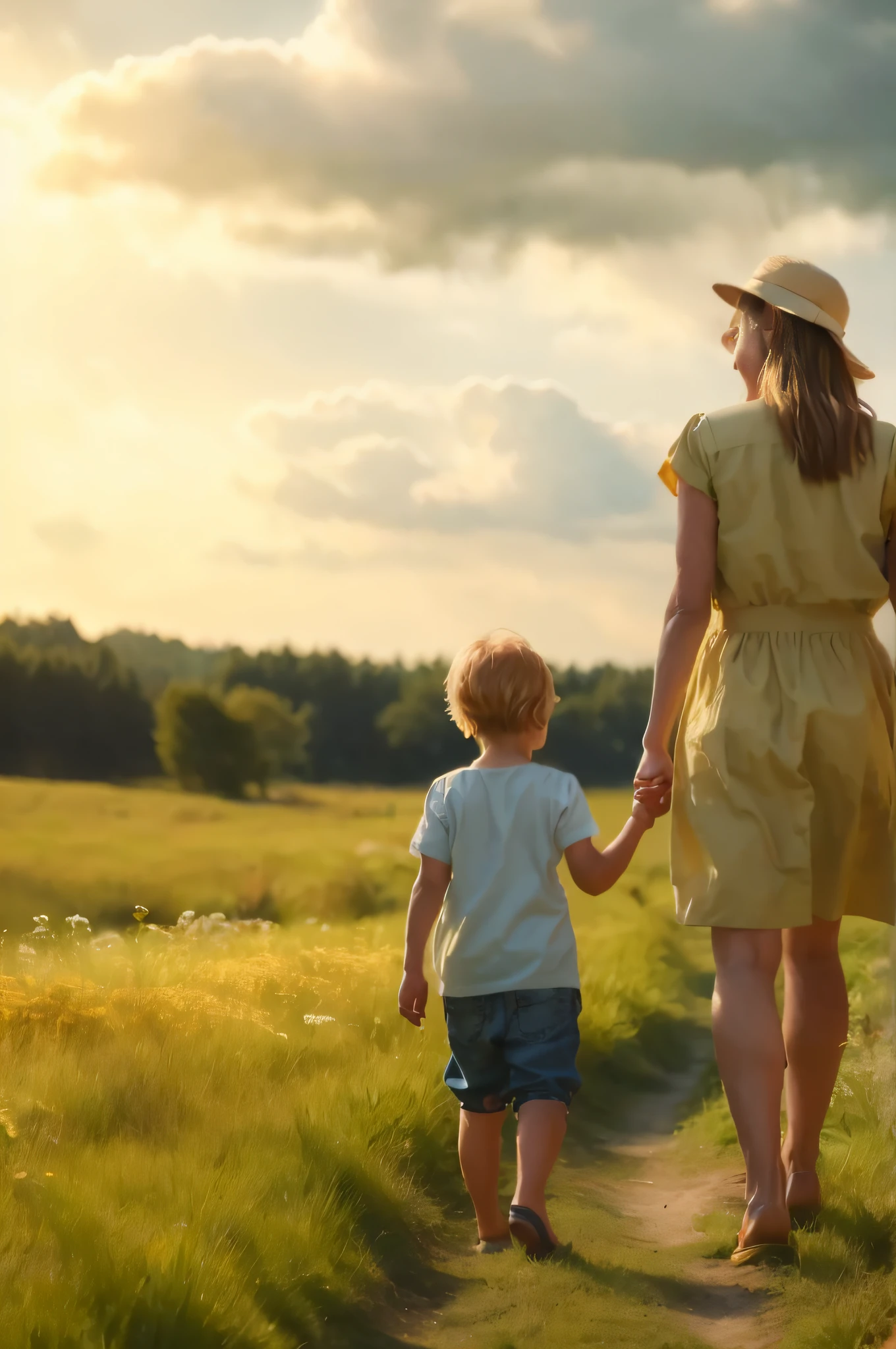 A woman and two children are walking along the path, warm and joyful atmosphere, Summer afternoon, Walking confidently, artistic interpretation, On a sunny day, summer evening, On a sunny day, Threesome walk, sunny afternoon, summer morning light, The Morning Golden Hour, summer morning, Summer light, beautiful sunny day, The Shining Golden Hour, Afternoon sun, at sunset