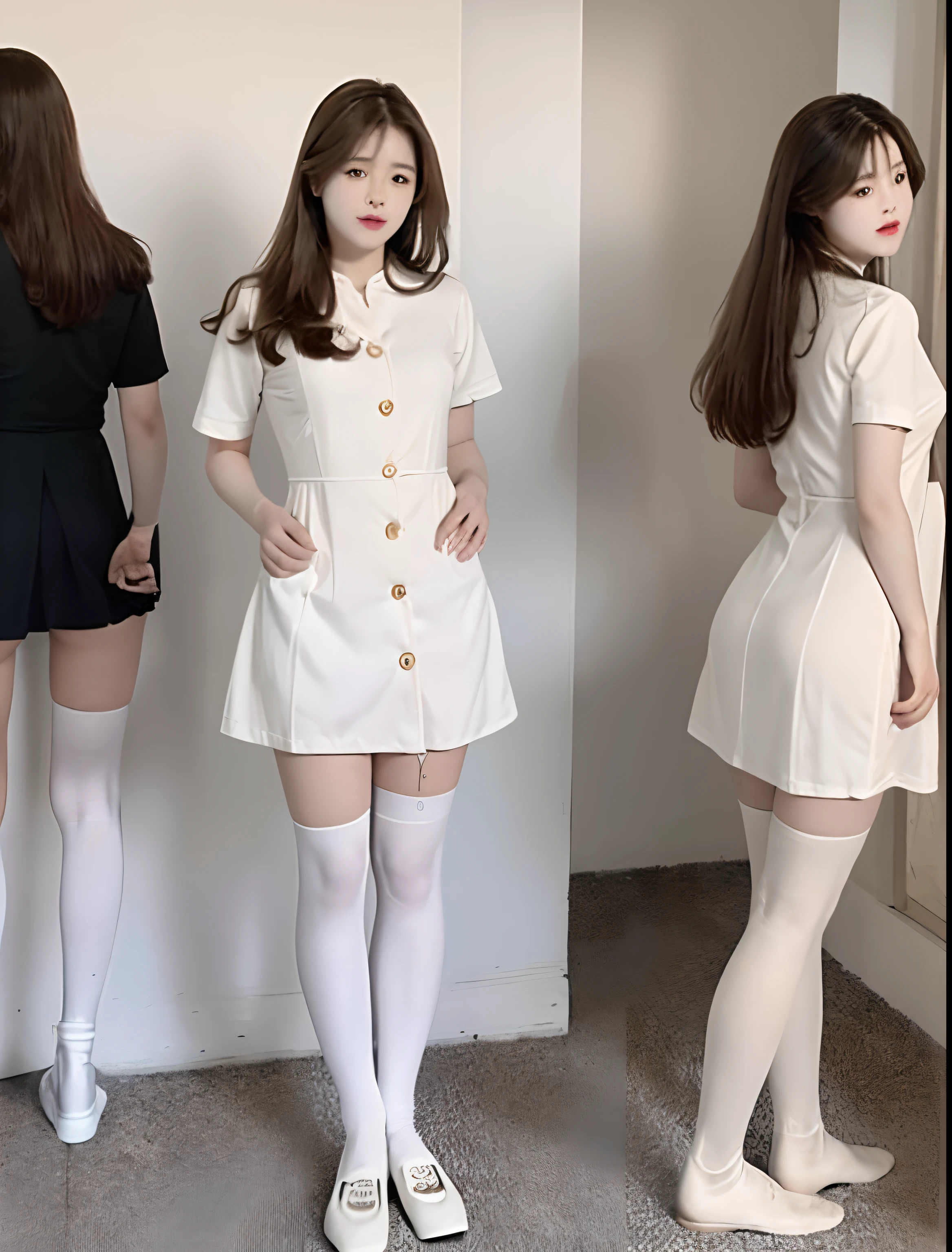 Three women in short dresses and white stockings standing next to each  other - SeaArt AI