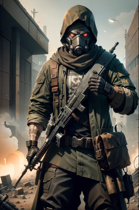 close-up of a masked man with a gun in his hands, Post-apocalyptic scavenger, from half-life 2, in apocalyptic robes, Apocalypti...