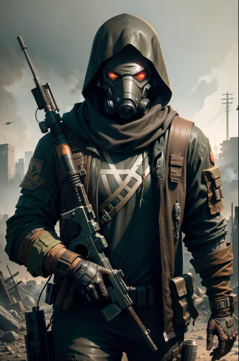 close-up of a masked man with a gun in his hands, Post-apocalyptic scavenger, from half-life 2, in apocalyptic robes, Apocalypti...