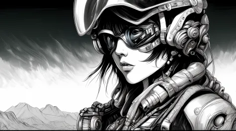 (bionicbikergirl style:1) a drawing of a woman wearing a helmet and goggles