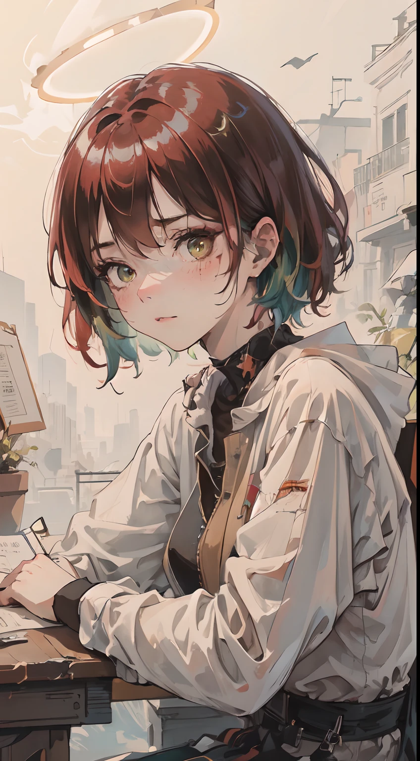 "exusiai from game arknight wearing strict suit and sitting on the desk", (dilated pupils, half-closed eye, sparkling eyes, glaring, red hair, green hair, messy hair, pixie cut, halo, makeup, seductive face, full blush, glint, Ghibli-like colours, cinematic lighting, Fujicolor, ccurate, anatomically correct, textured skin)