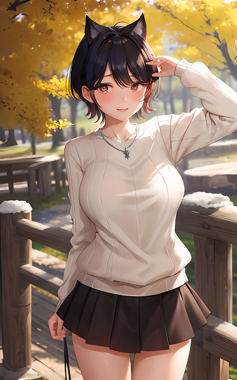 ​masterpiece, top-quality, 1girl, 独奏, jewely, a necklace, Black skirt, A dark-haired, short-hair, Ribbed sweater, sockes, turtle necked sweater, white sock, shortsleeves, pleatedskirt,bangss,White sweater,huge tit,Sagging breasts,plein air,23years old,red blush,cowboy  shot,Various posing