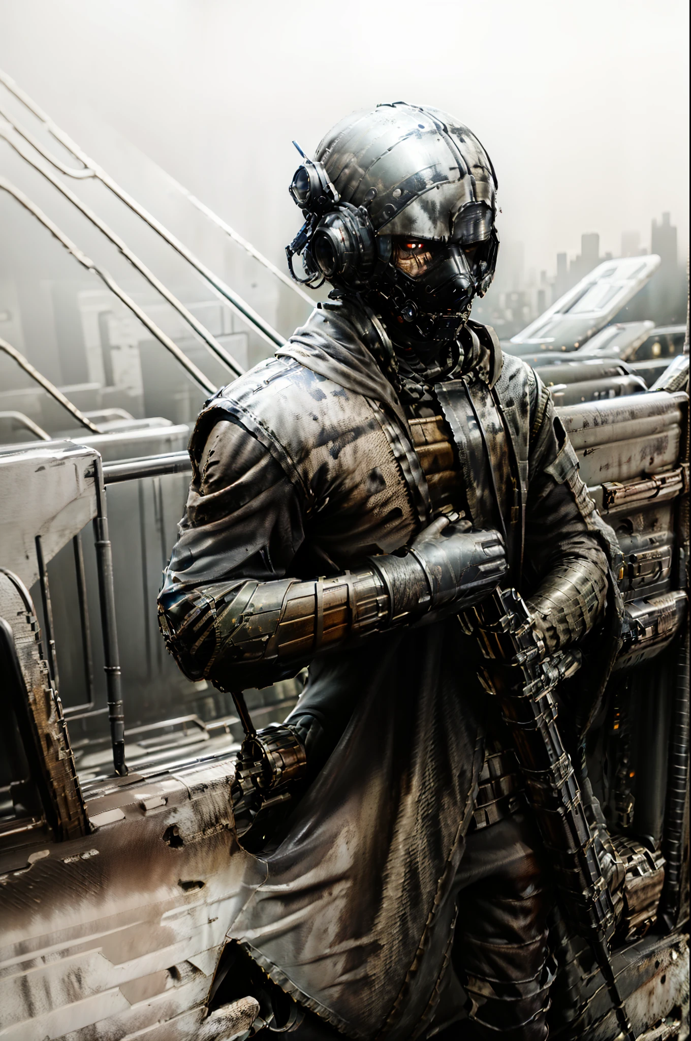 close-up of a masked man with a gun in his hands, Post-apocalyptic scavenger, in apocalyptic robes, Apocalyptic setting, Gloomy apocalyptic style, , In Dayz, , Escape from Tarkov, In Tarkov, Metro 2 0 3 3, standing in wasteland