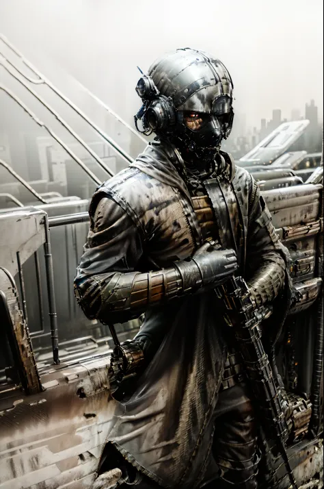 close-up of a masked man with a gun in his hands, post-apocalyptic scavenger, in apocalyptic robes, apocalyptic setting, gloomy ...