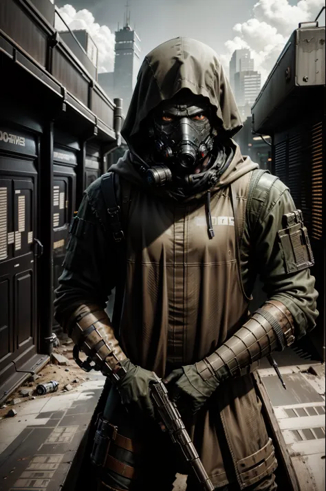 close-up of a masked man with a gun in his hands, Post-apocalyptic scavenger, in apocalyptic robes, Apocalyptic setting, Gloomy ...