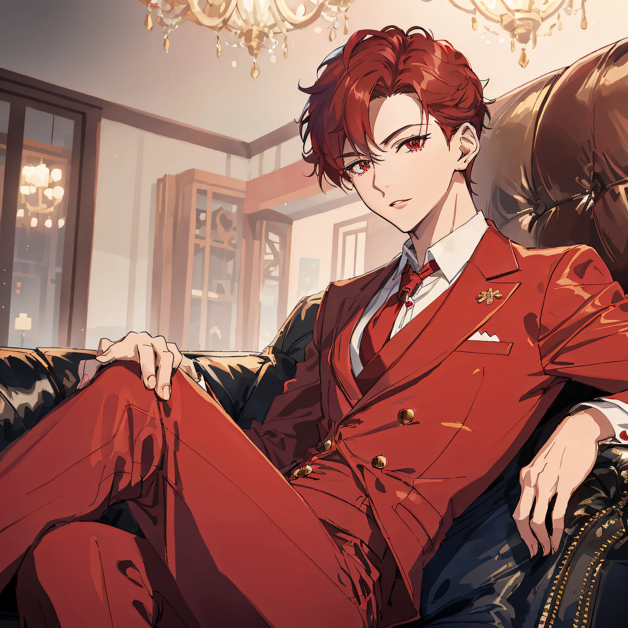 Anime - Stylistic image of a man in a red suit sitting on a sofa, Handsome anime pose, Beautiful androgynous prince, Delicate androgynous prince, handsome guy in demon killer art, highly detailed exquisite fanart, Anime handsome man, Anime portrait of a handsome man, Cai Xukun, Inspired by Bian Shoumin, Red suit, zerochan art, official fanart