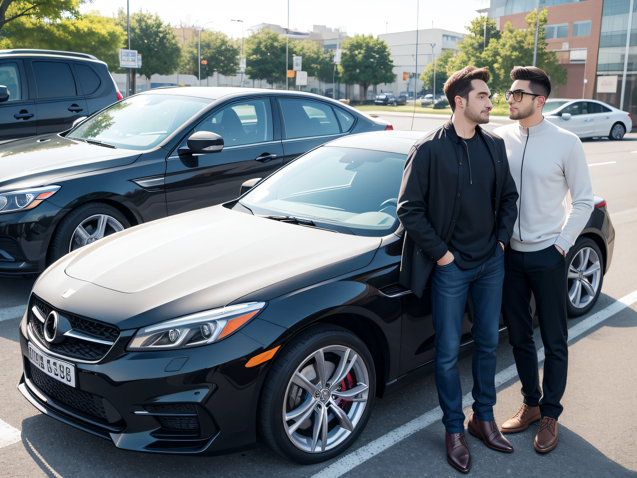 Two men standing next to a black car in a parking lot - SeaArt AI