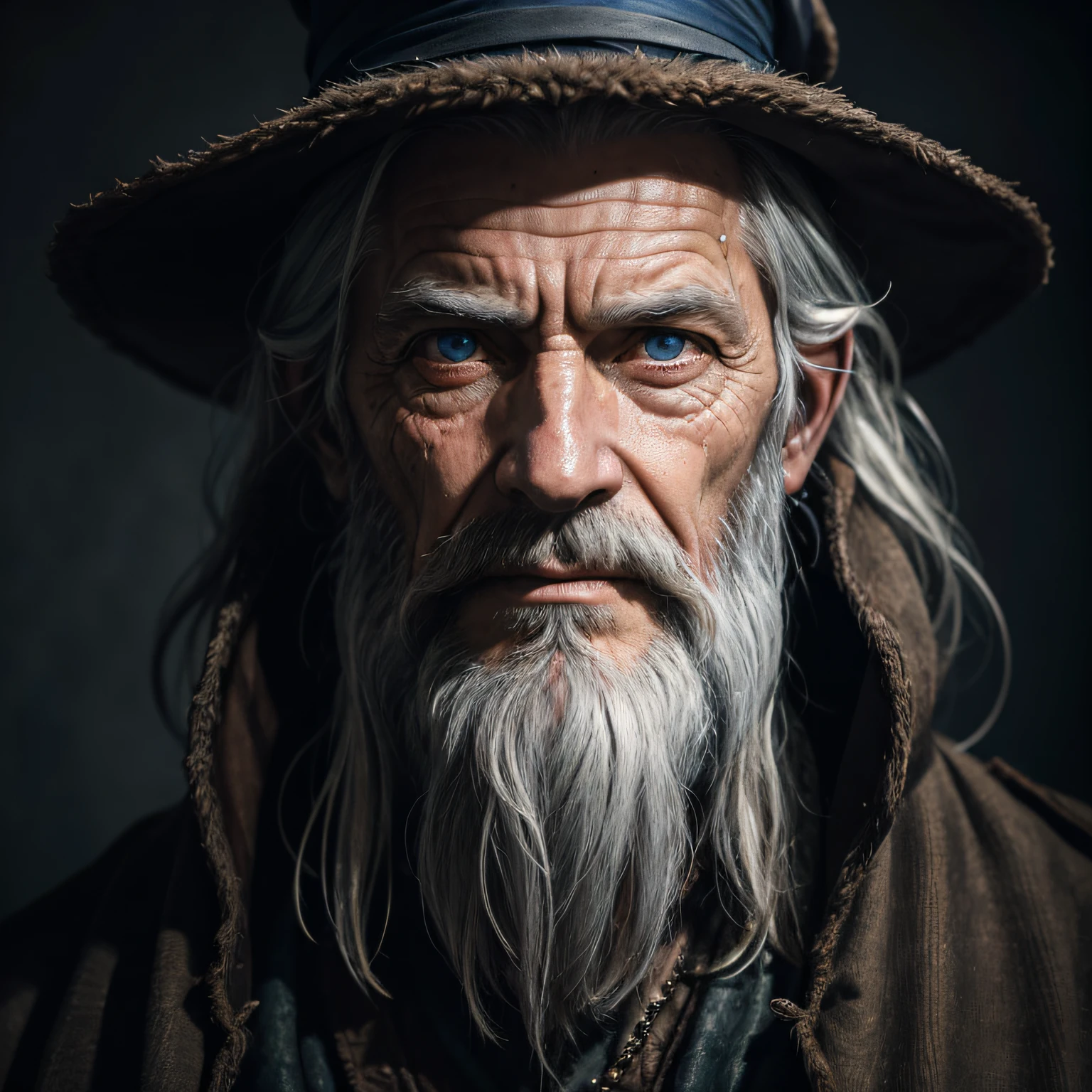 A portrait of a wizard, bearded, wrinkled, weathered, with piercing eyes, detailed face, high details, photography, dark studio, rim light, Nikon D850, 50mm, f/1.4