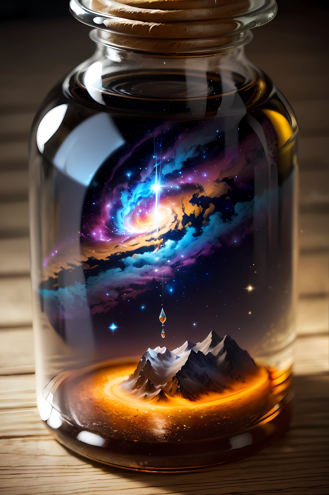 There is a jar，Inside there are pictures of a mountain and a galaxy, galaxy in a bottle, dreamscape in a jar, vial of stars, swirling water cosmos, amazing wallpapers, Inspired by Cyril Rolando, science fantasy painting, In the universe.Highly realistic, Surreal space, galaxy inside, milky ways, 3 d render beeple, in the style of Cyril Rolando