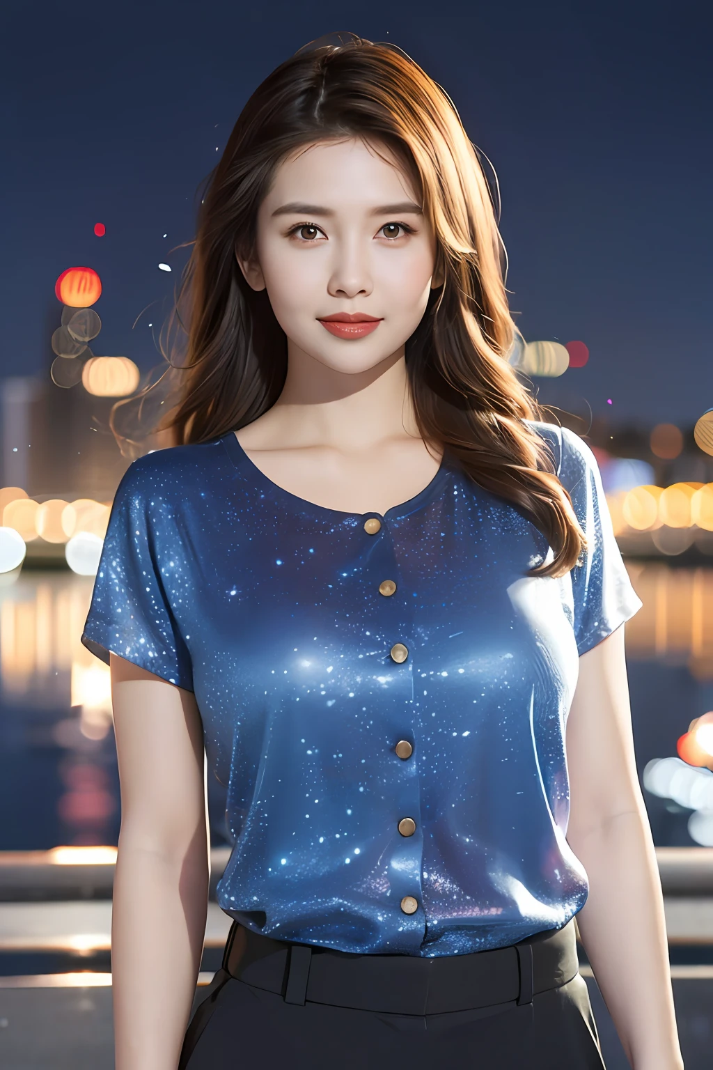 1girl, (looking at viewer),  (bokeh:1.1), closed mouth,light smile, realistic, meditation,starry sky,night, shirt,
pants, skyline,
realistic, Chingmy YauV2