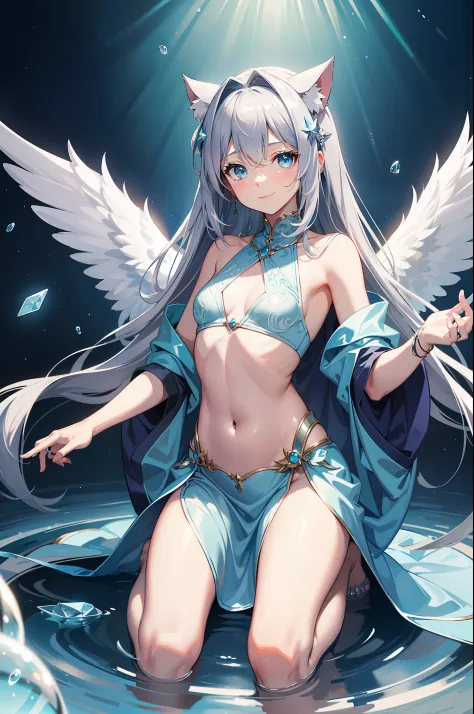 4K Ultra Clear，tmasterpiece，Beautiful 2D style，Night's，Clear face，A ring that wraps around the back，Kneel on the stone，Petite body，Silver hair，Small chest，Showing the belly，the angel's wings，Wear a dress with a complex texture underneath，It has cat ears on...