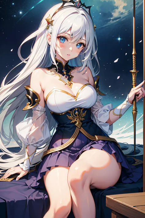 4K Ultra Clear，tmasterpiece，Beautiful 2D style，，Anime girl sitting on windowsill，Holding a sword in hand, Anime goddess, White-haired god, trending on artstation pixiv, ((a beautiful fantasy empress)), beautiful fantasy anime, cute anime waifu in a nice dr...