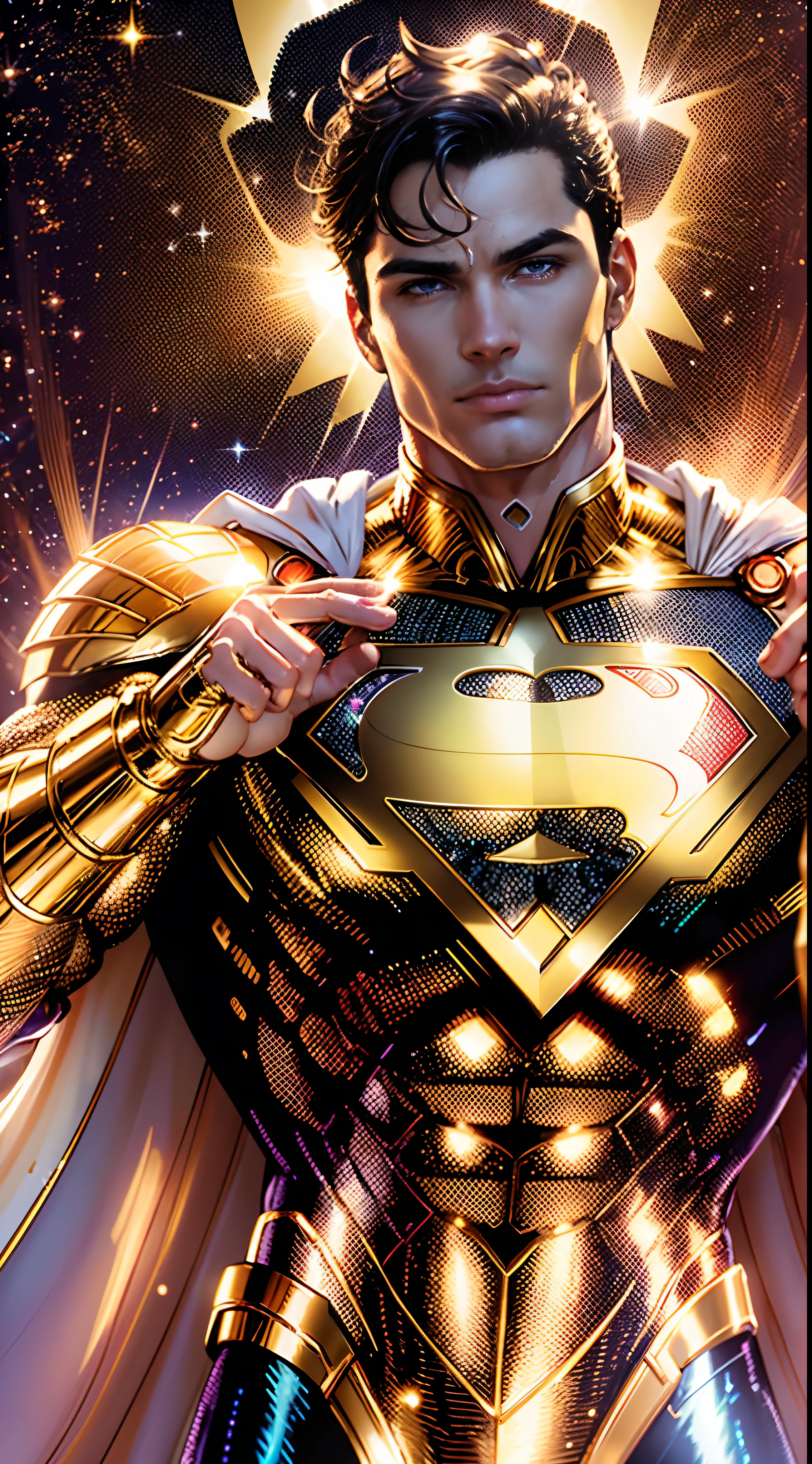 Golden Superman, shimmering golden costume with Pearly White, (extremely detailed 8k CG unit wallpaper, Golden uniform, gold gold Superman costume, masterpiece, best quality, ultra-detailed), (best lighting, best shadow, extremely delicate and beautiful), floating, [(((1man))), (Superman: 1.3), muscles, bright blue lines, detailed costume, heroic pose):0.8], [(celestial landscape, night, bright neon lights:1.2,  blue energy effects, volumetric light):0.5]