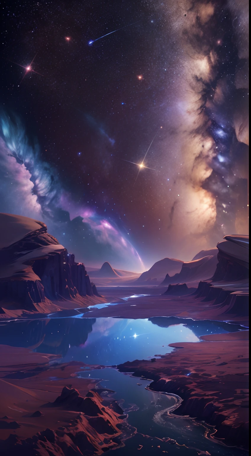 ((8K)) Starry sky with rivers and distant milky ways, galactic landscape, epic beautiful space scifi, cosmos sem fim no fundo, high detailed digital art, Space landscape，stellar，comets，