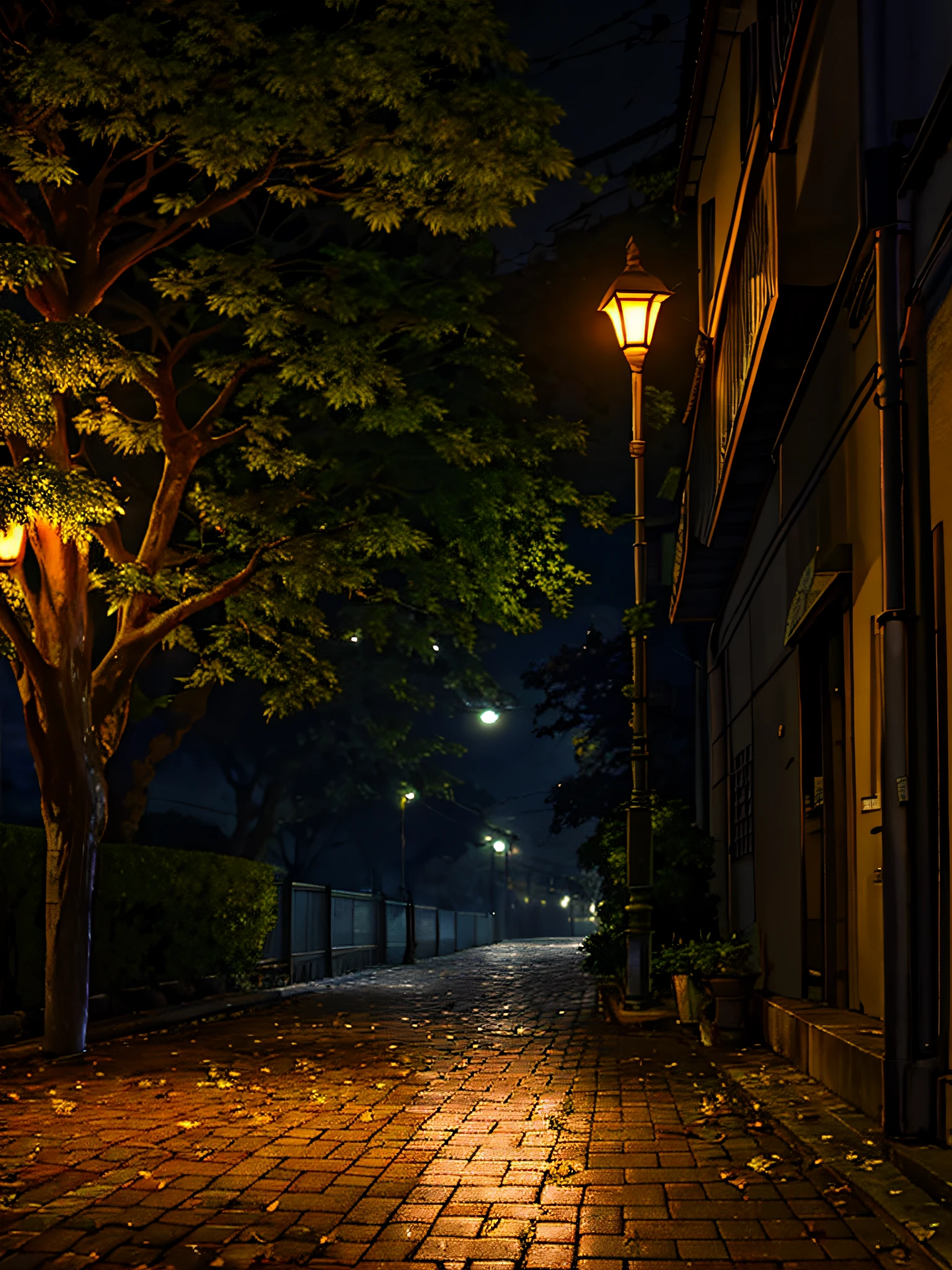 夜，クスノキ，薄暗い街灯，静かな通り，落ち葉，霧雨，本当に