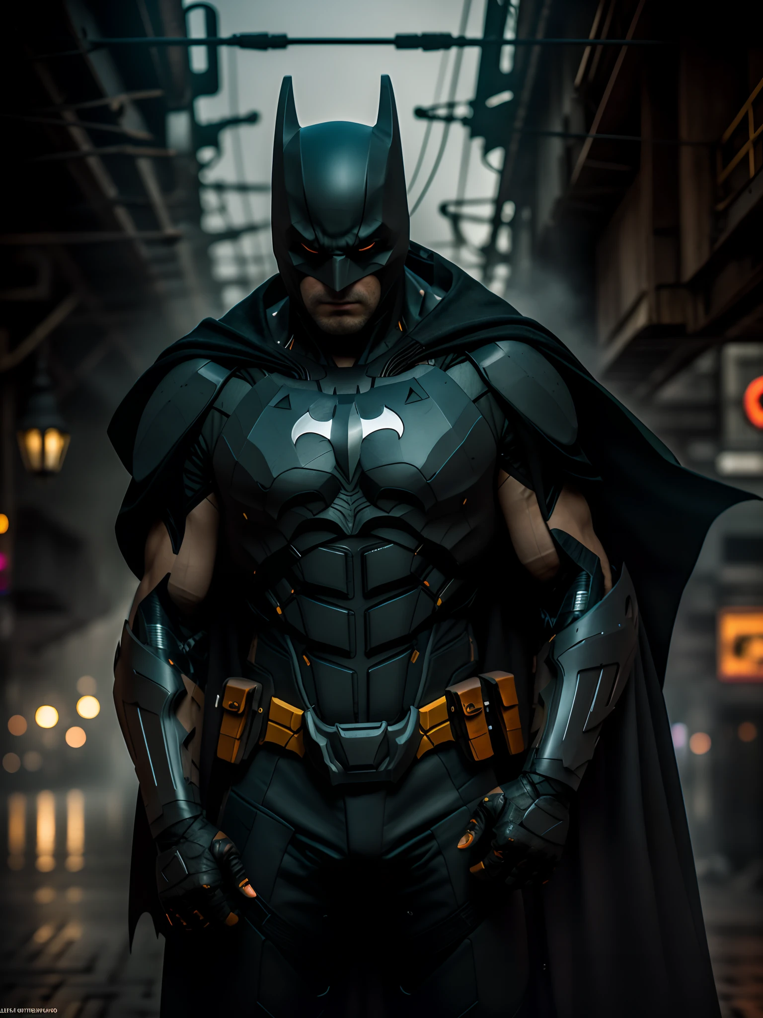 analogue style， tmasterpiece， 8K， hyper HD， hdr， digital SLR camera， high high quality， filmgrain， 富士XT3， gentle illumination， ringlights， studio lit， dark shadow， （Black light backlight）， Wide angle Environmental shot， Original digital photo of Batman， （orange and white）） ， Volumetriclighting， Mist， Mist， light reflections， Bokeh trend at ArtStation， Sharp focus， Street shootings，dark streets in the background， Complicated details， highly  detailed