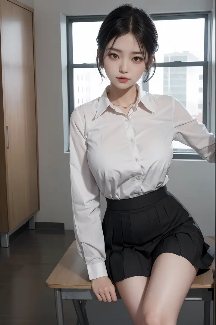 Korean school uniform，Summer uniform shirt，Ribbon Ties，a skirt，School Classroom，school stairs，Chest thrust pose，Breast display posture，8K raw photos，A high resolution，cool Korean at 16 years old，very large round breasts，beautiful eyes in detail，long eyelas...