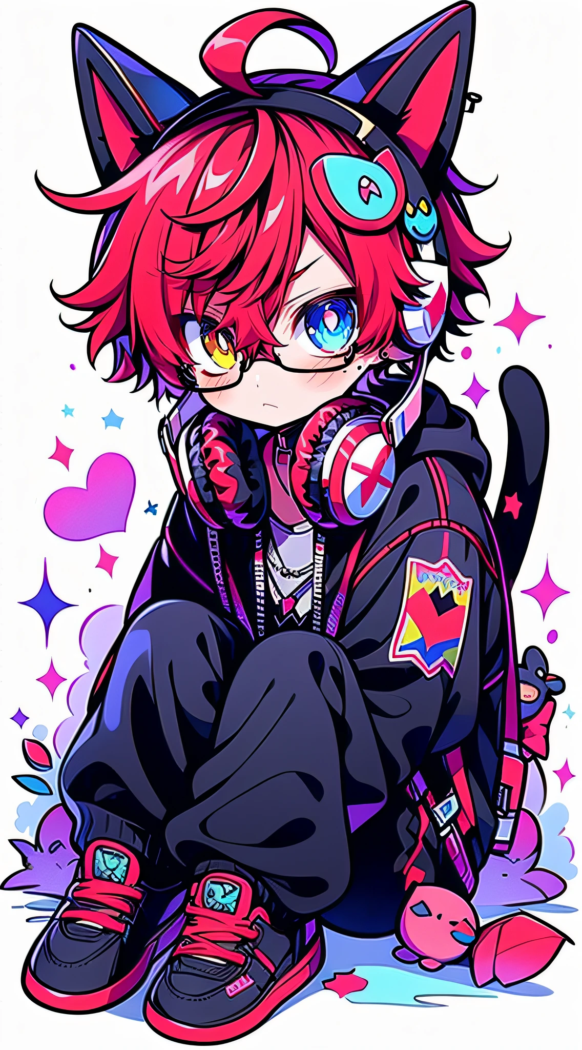 red hair，asymmetrical hair，blindfolds，Earphone，wears glasses，Moles under the eyes，Pupil mismatch，colorful eyes，yellow eyes，blue colored eyes，scowling，Nudy，Male characters, Boy,