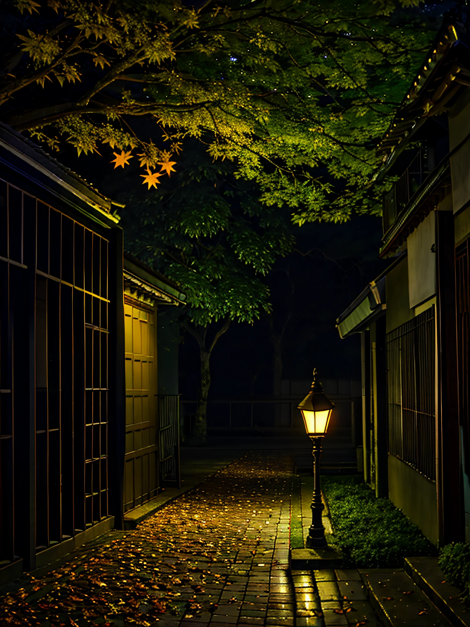 a noite，Uma árvore de cânfora，Um candeeiro de rua escuro，Rua quieta，Folhas que caem，Uma garoa，Realmente