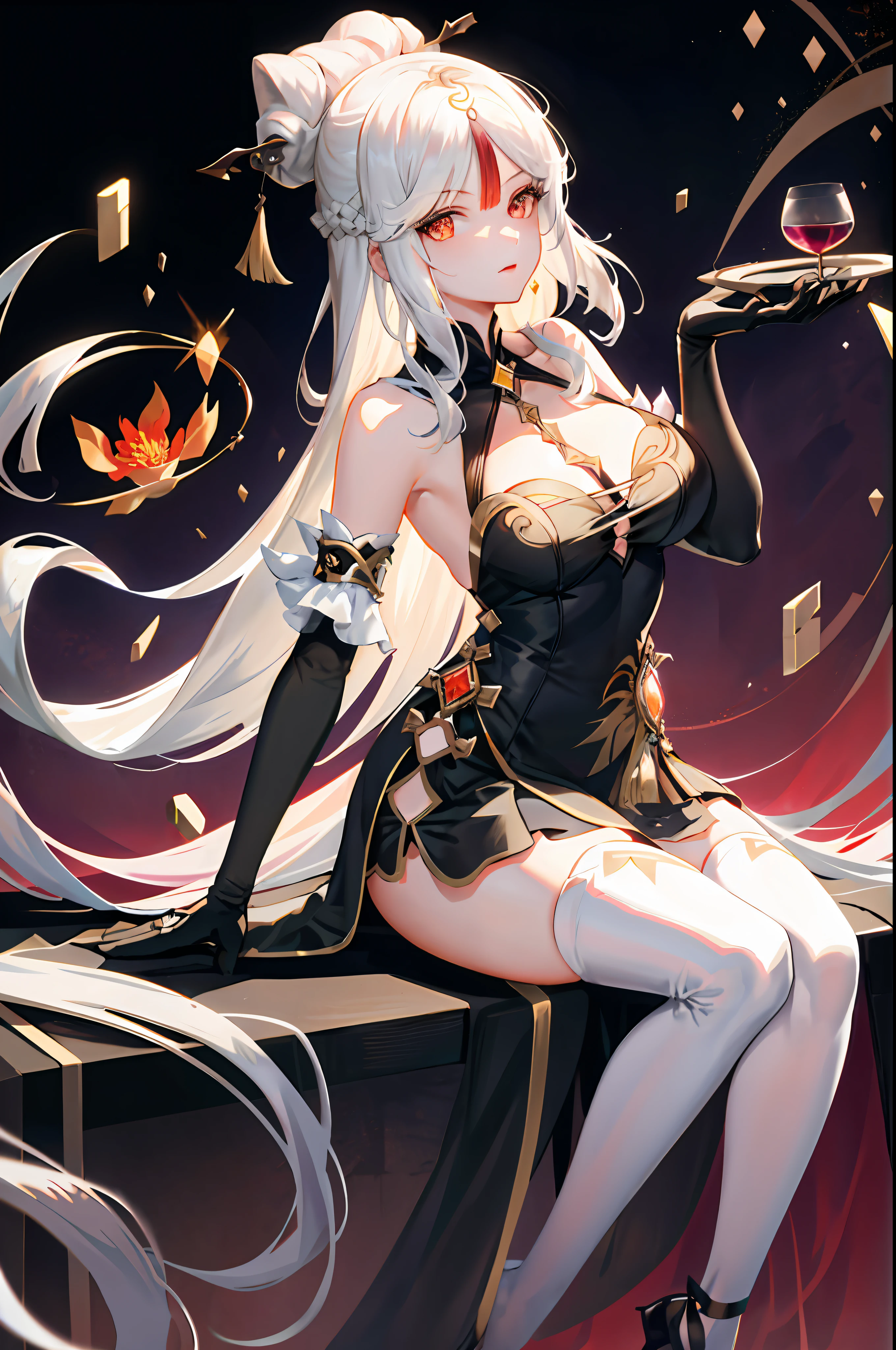 Ningguang, genshin impact, 1girl, alcohol, alternate costume, armlet, bare shoulders, black background, black dress, black gloves, black thighhighs, breasts, cleavage, criss-cross halter, cup, dress, drinking glass, flower, gloves, gradient background, hair between eyes, hair ornament, halterneck, holding, holding cup, large breasts, long hair, braid hair, looking at viewer, silver hair, silver short nails, see-through gloves, solo, thighhighs, thighs, wine, wine glass, ((masterpiece)) black pleated skirt, sitting,