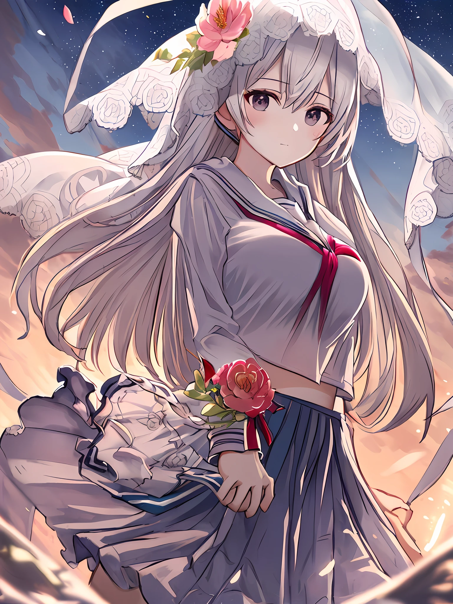 (Masterpiece, Best quality:1.4), (Ultra-detailed),illustration,Depth of field,Ray tracing, Beautiful detail eyes, 1girll, Solo, ((Beautiful detailed sky)), spatter, flying petal,(white serafuku),The veil of flowers,White hair,optic \(arcaea\), in a panoramic view,Sunny,Big breasts Hatsune Miku