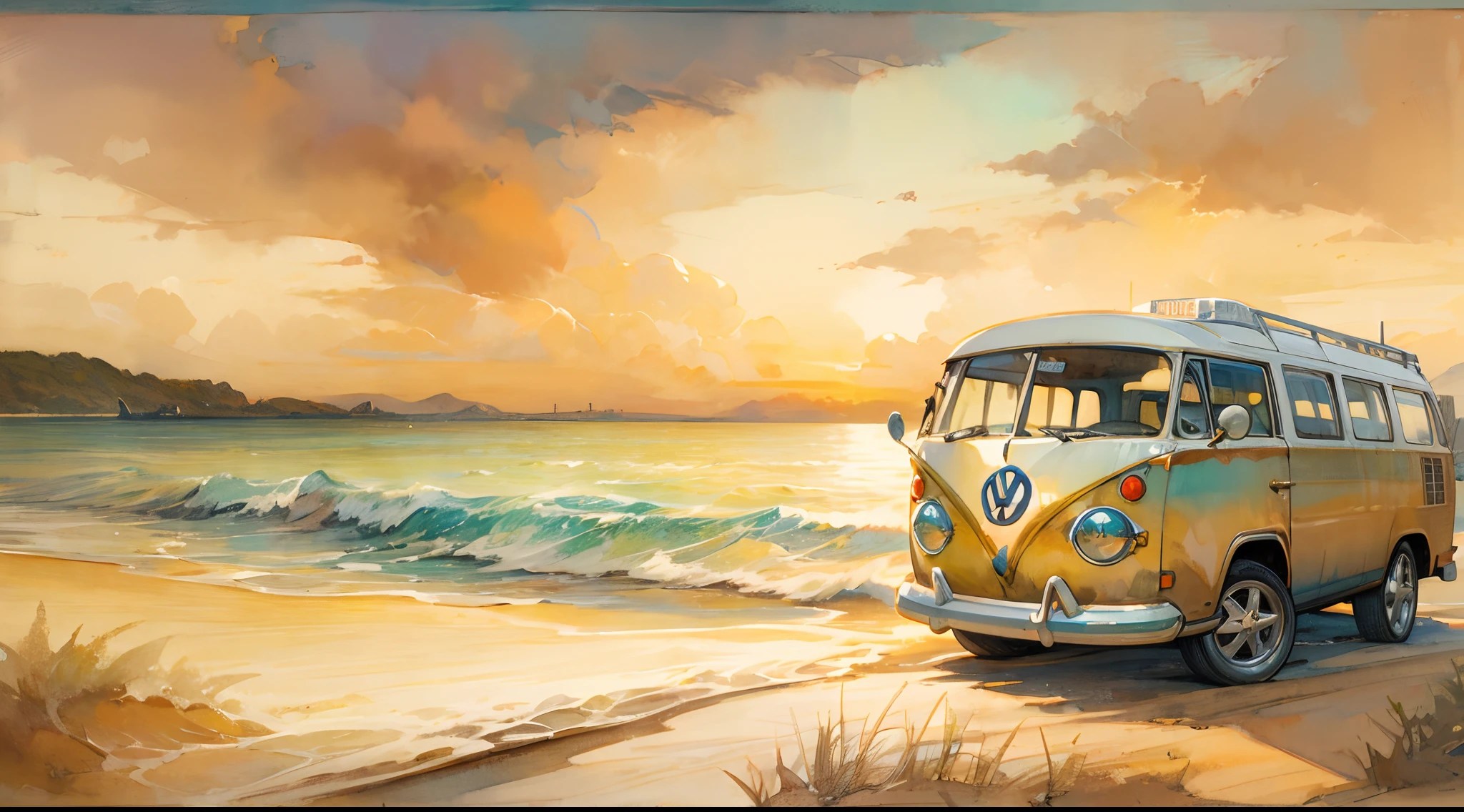 A breathtaking coastal scene featuring a Volkswagen Kombi parked on the sandy shore, its doors open as if inviting you to explore inside, the golden sun setting on the horizon, casting warm hues across the sky and sea, gentle waves lapping at the tires, Illustration, watercolor painting on textured paper