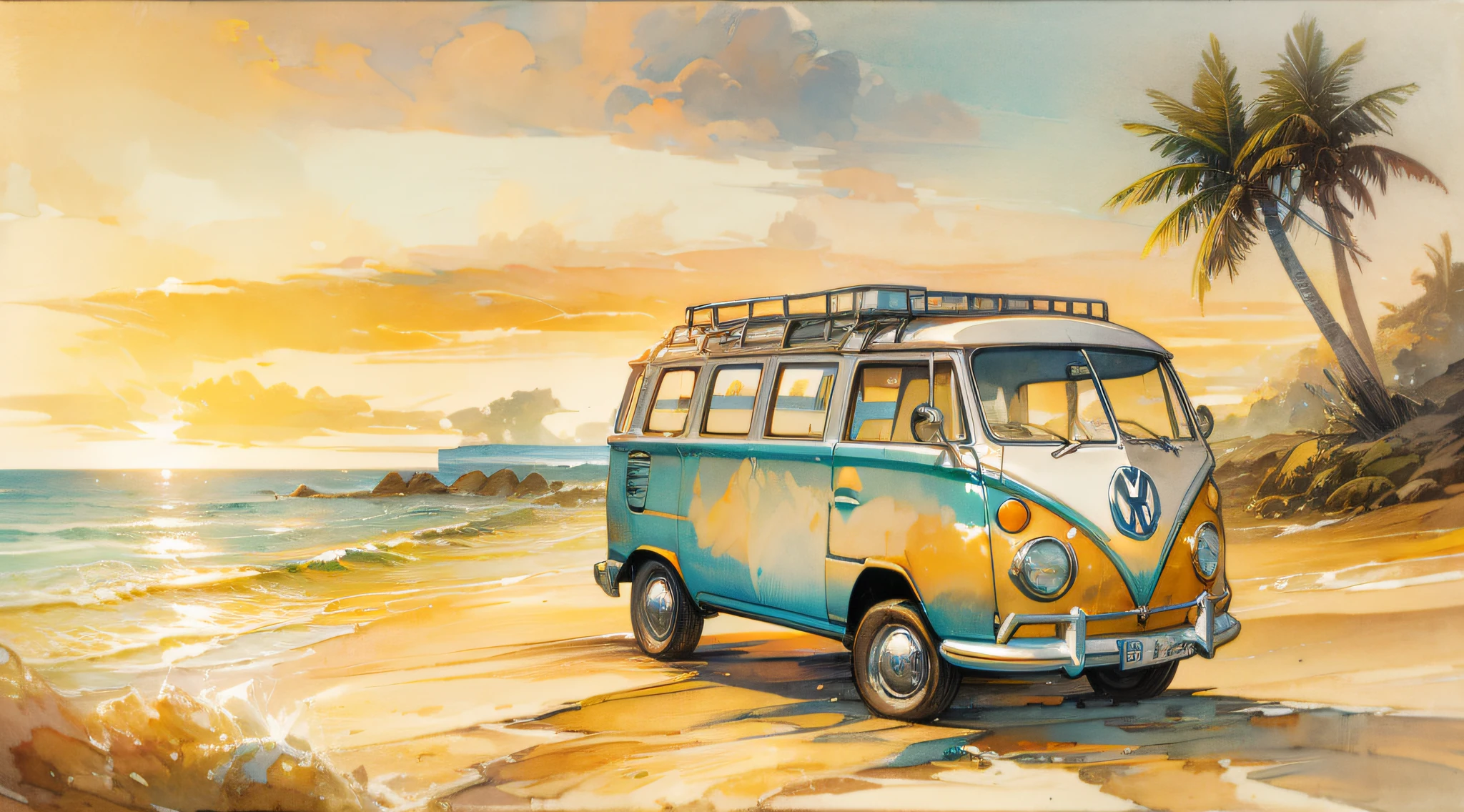 A breathtaking coastal scene featuring a Volkswagen Kombi parked on the sandy shore, its doors open as if inviting you to explore inside, the golden sun setting on the horizon, casting warm hues across the sky and sea, gentle waves lapping at the tires, Illustration, watercolor painting on textured paper