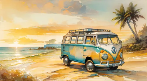 a breathtaking coastal scene featuring a volkswagen kombi parked on the sandy shore, its doors open as if inviting you to explor...