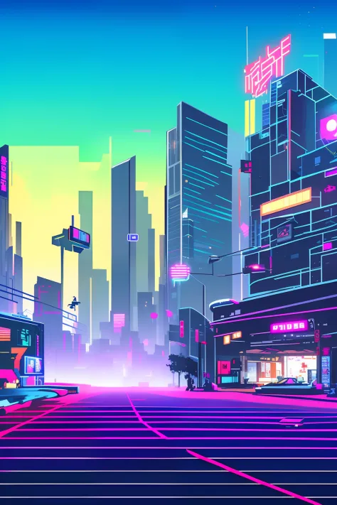 cyberpunk street, side view, 2D game style, pixel art style, cool vendors, roads and cars,