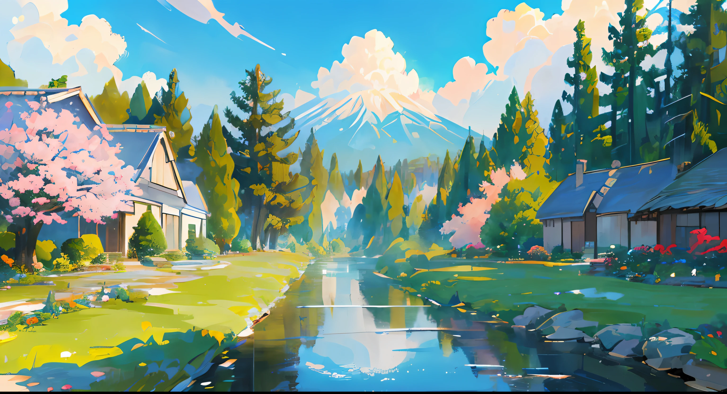 masterpiece,best quality,official art,extremely detailed CG unity 8k wallpaper,outdoors, animal, spring \(season\), cloudy sky,studio ghibli, garden, Japanese village,