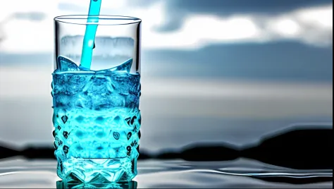 A glass of Arabic water，There is a straw and a straw inside, tansparent water, water in background, water, crystal water, water water, water particulate, water to waist, water particulate, Beautiful water, Transparent water, detailedwater, kettle, water to...