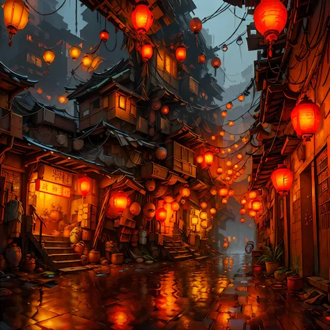 cyberpunk slum, oriental design, hanging lanterns, digital painting, concept art, illustration, intricate, ((tileset)), at rainy...