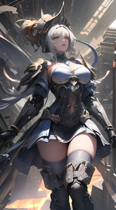 ((Best quality)), (Masterpiece)), (Details:1.4), 3D, Android mage girl fighting with a very large mechanical weapon, countless g...