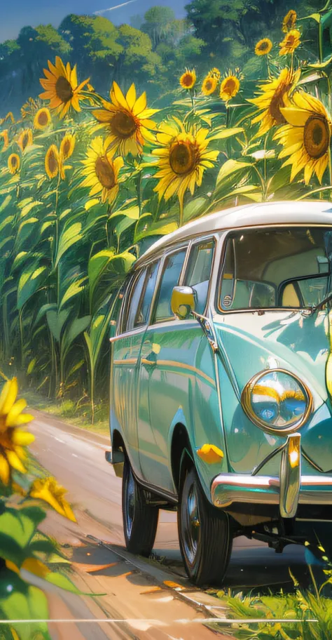 an enchanting countryside vista unfolds with a classic volkswagen kombi traversing a winding dirt road, tall and vibrant sunflow...