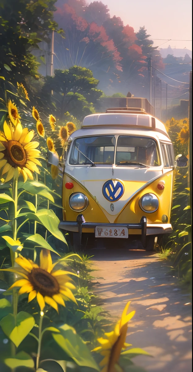 An enchanting countryside vista unfolds with a classic Volkswagen Kombi traversing a winding dirt road, tall and vibrant sunflowers lining the path, the sky painted with soft pastel colors of dawn, a sense of tranquility and adventure in the air, Photography, shot with a vintage 35mm film camera and a wide-angle lens, capturing the nostalgic essence,